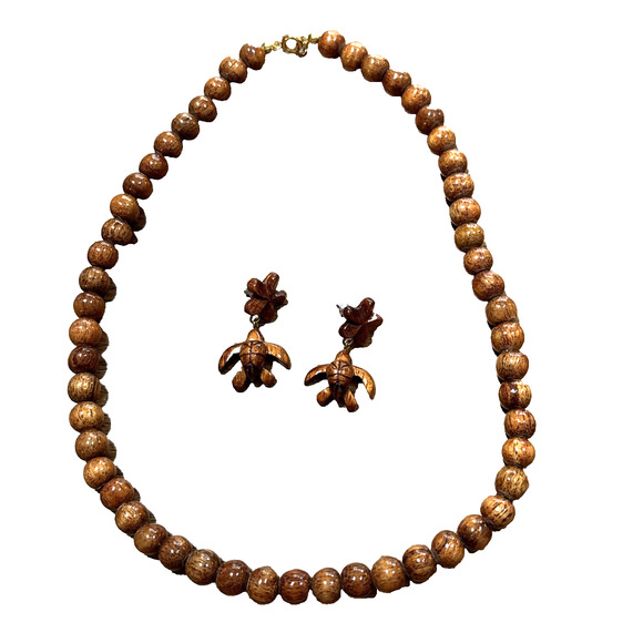 Hawaiian Natural Koa Wood Beaded 18" Choker Necklace & Turtle Pierced Earrings - Picture 2 of 8